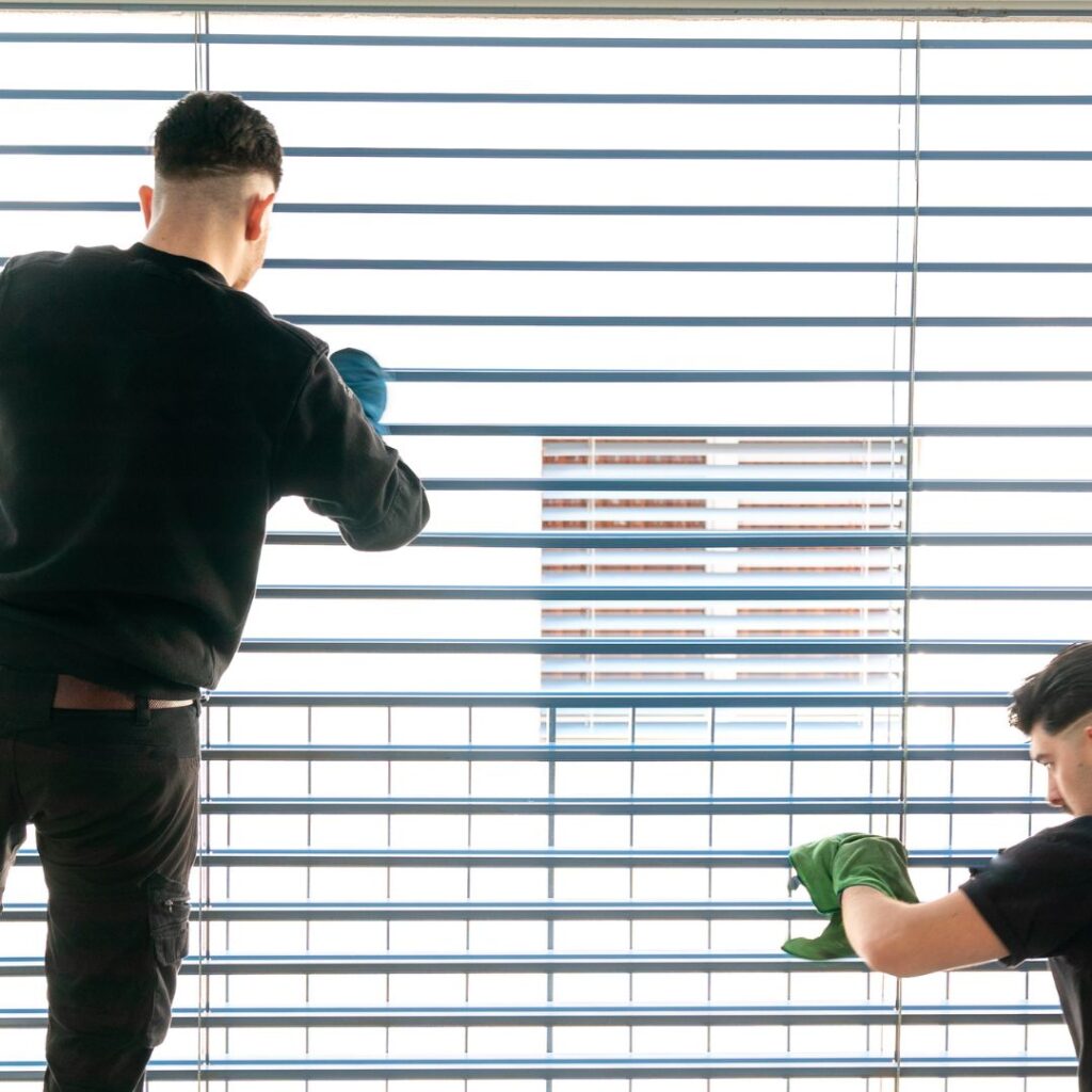 Two cleaners wiping blinds