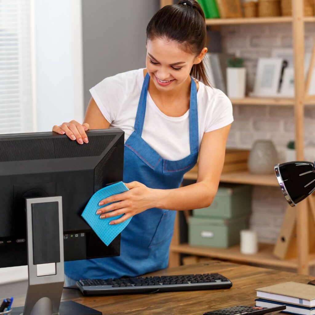 a cleaner wiping down a computer monitor