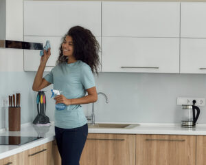 A cleaner wiping a stove. Keeping the home clean with a weekly recurring cleaning.