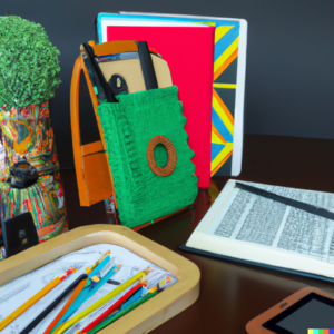 Desk with items that are being decluttered