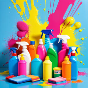 Cleaning products with splatters of color for back to school