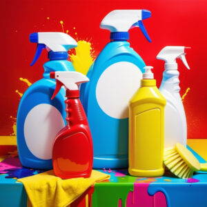 Cleaning products with red background for back to clean