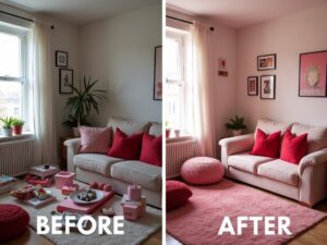 Before and after of a messy living room that is tidied and neat