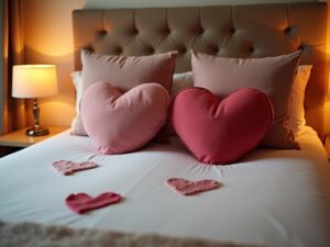 Cute heart shaped throw pillows on a neatly made bed