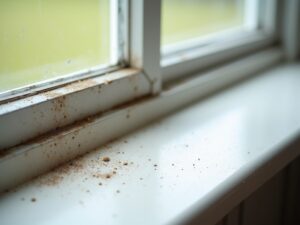 A windowsill that is partially dusted