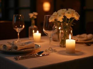 Romantic dinner for two with soft candlelight