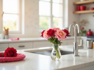 Fresh flowers next to a clean sink