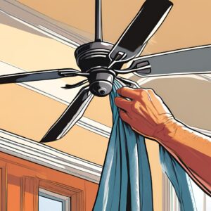 Close-up of a hand wiping a dusty ceiling fan blade with a microfiber cloth