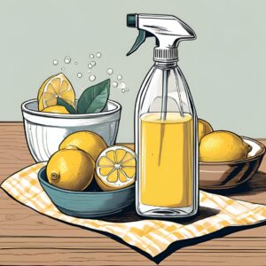A spray bottle with a natural cleaning solution next to a bowl of lemons