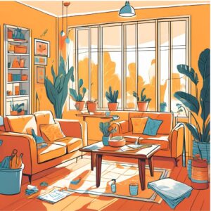 A cheerful, sunlit living room mid-cleaning, with a checklist and cleaning supplies on the table