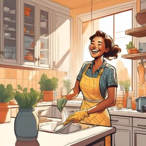 A smiling cleaner washing dishes