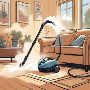 A steam cleaner in action, removing dirt from a beige carpet