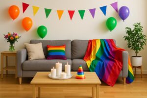 Party-ready living room with Pride decor. Inclusive residential cleaning services