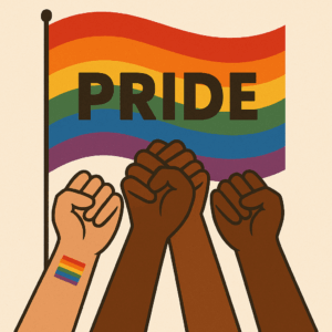 Hands raised in solidarity with the pride flag in the background