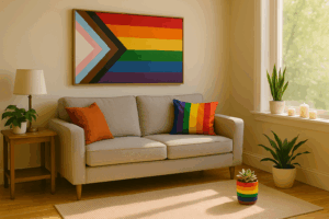 living room with LGBTQIA+ flag
