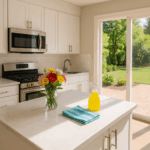 Sparkling sunlit kitchen with a bouquet of flowers and an open patio door.