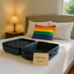 A suitcase on a clean bed, with a note that says “Welcome home!”