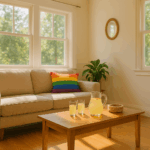 A sun-drenched living room with a clean floor, rainbow pillow, and lemonade on the table.