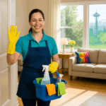 A cheerful cleaner in a sunny Seattle home, waving goodbye with a smile.