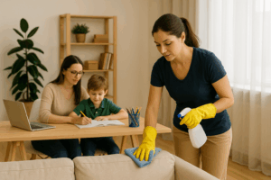Cleaner cleaning so mom can help kid study