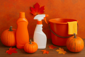 cleaning products and pumpkins for Thanksgiving home cleaning